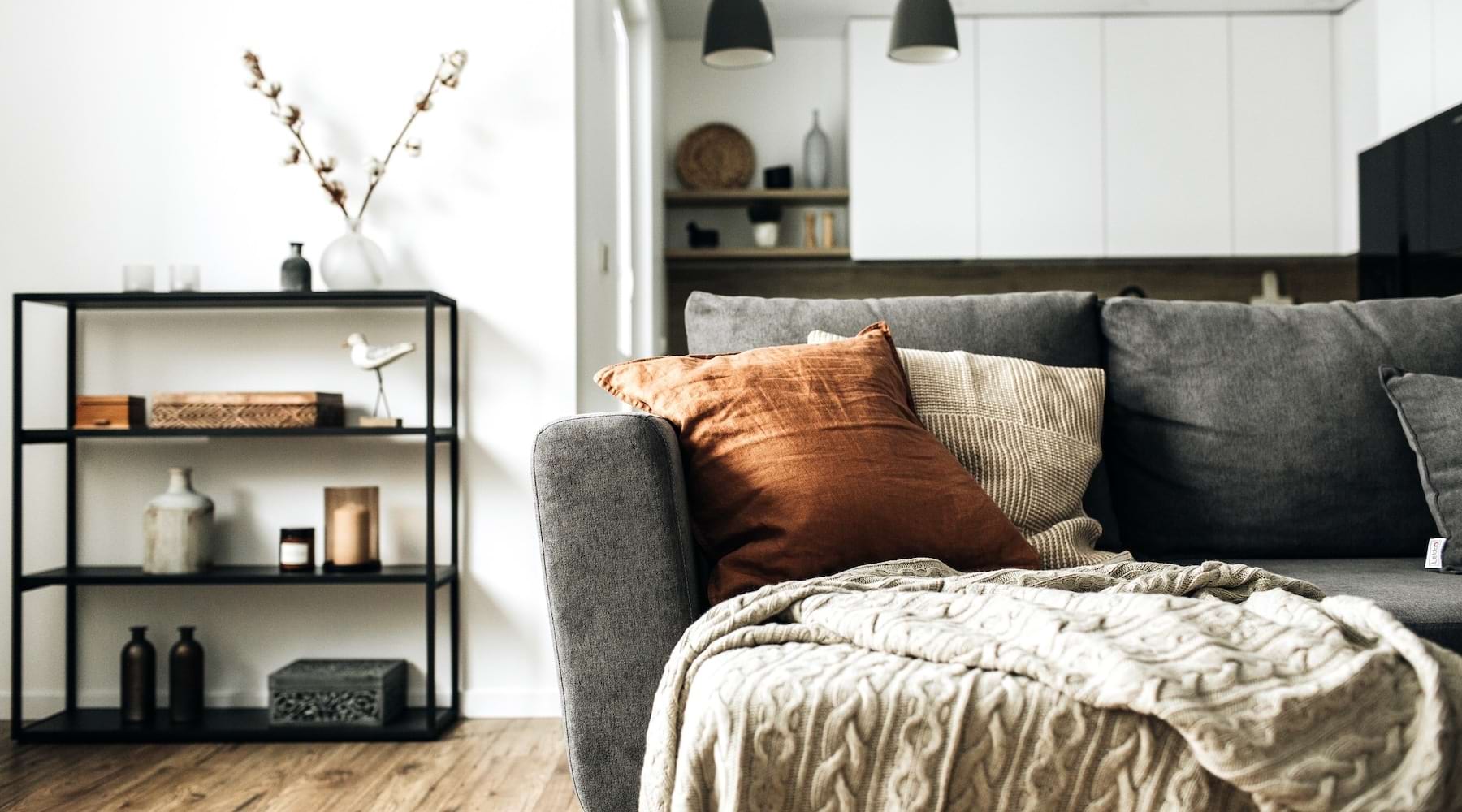 a living room with a couch and a shelf