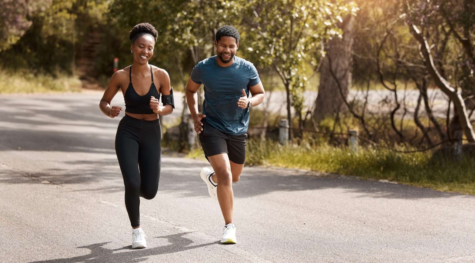 a man and a woman running